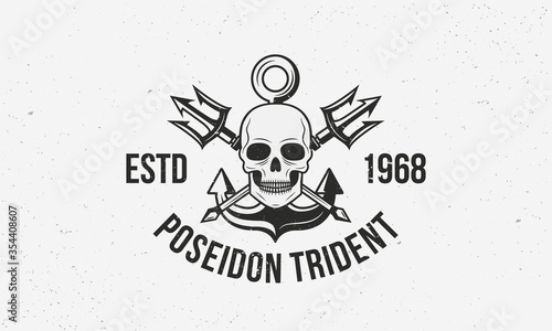 Poseidon Trident - vintage logo template with grunge texture. Nautical logo with tridents, anchor and skull. Vector illustration