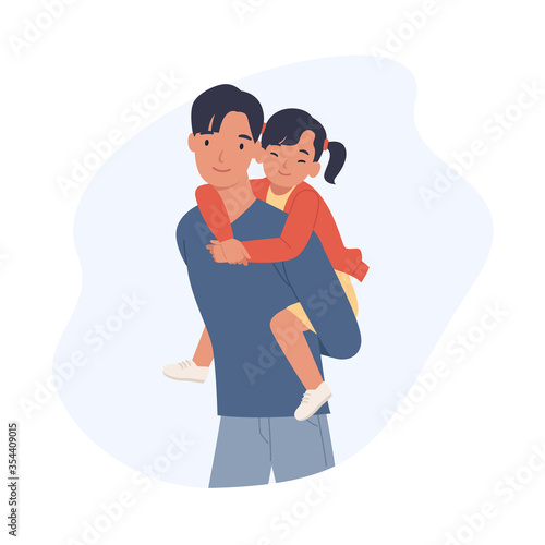 Happy father's day. Dad with his daughter on piggyback ride smiling happy together. Joyful father playing with his little kid. Vector illustration in a flat style