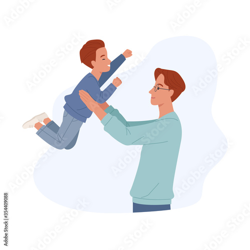 Happy father's day. Smiling dad holding son. Joyful father playing with his little kid. Vector illustration in a flat style