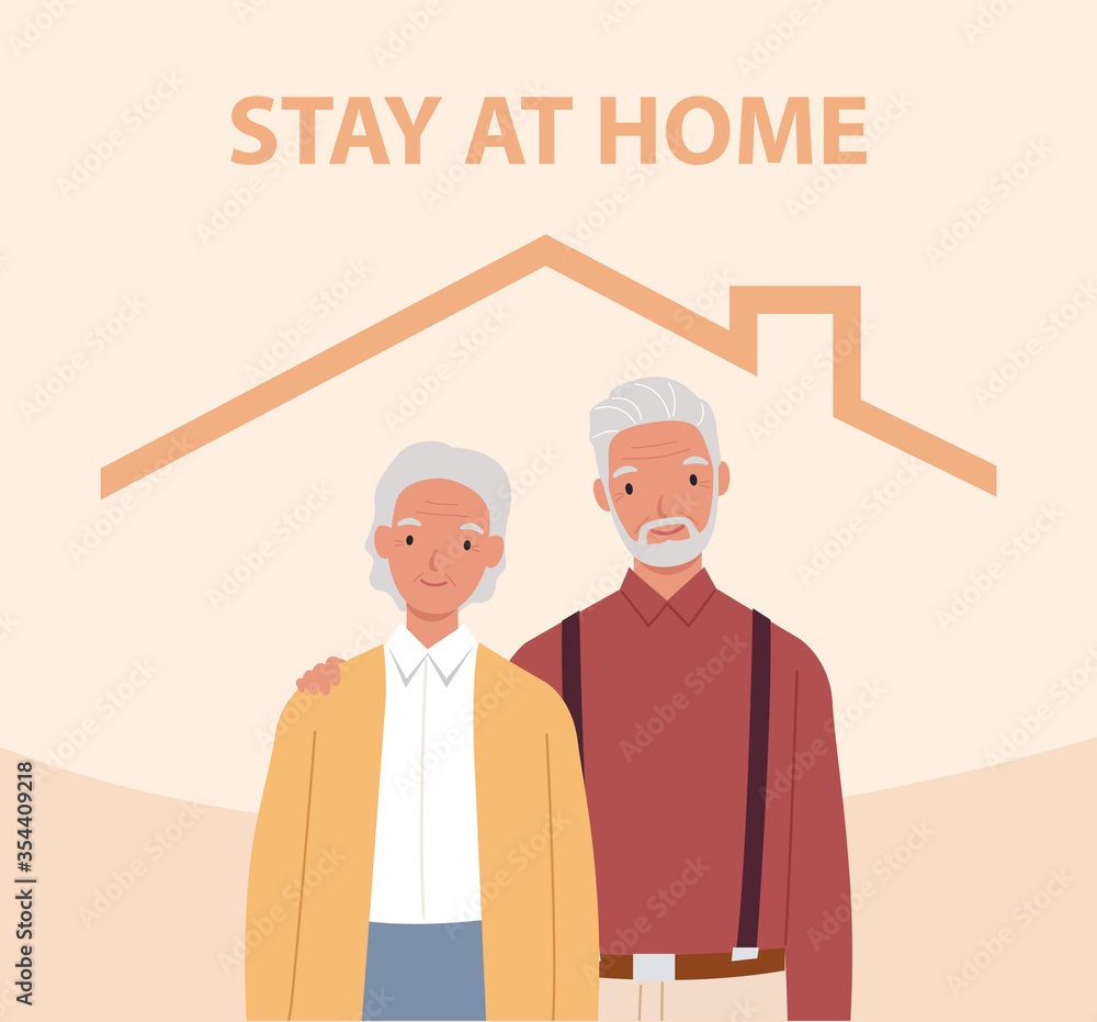 Stay home. Old man and woman inside the house. Concept for controlling the disease in 2019-nCov. Vector illustration in a flat style