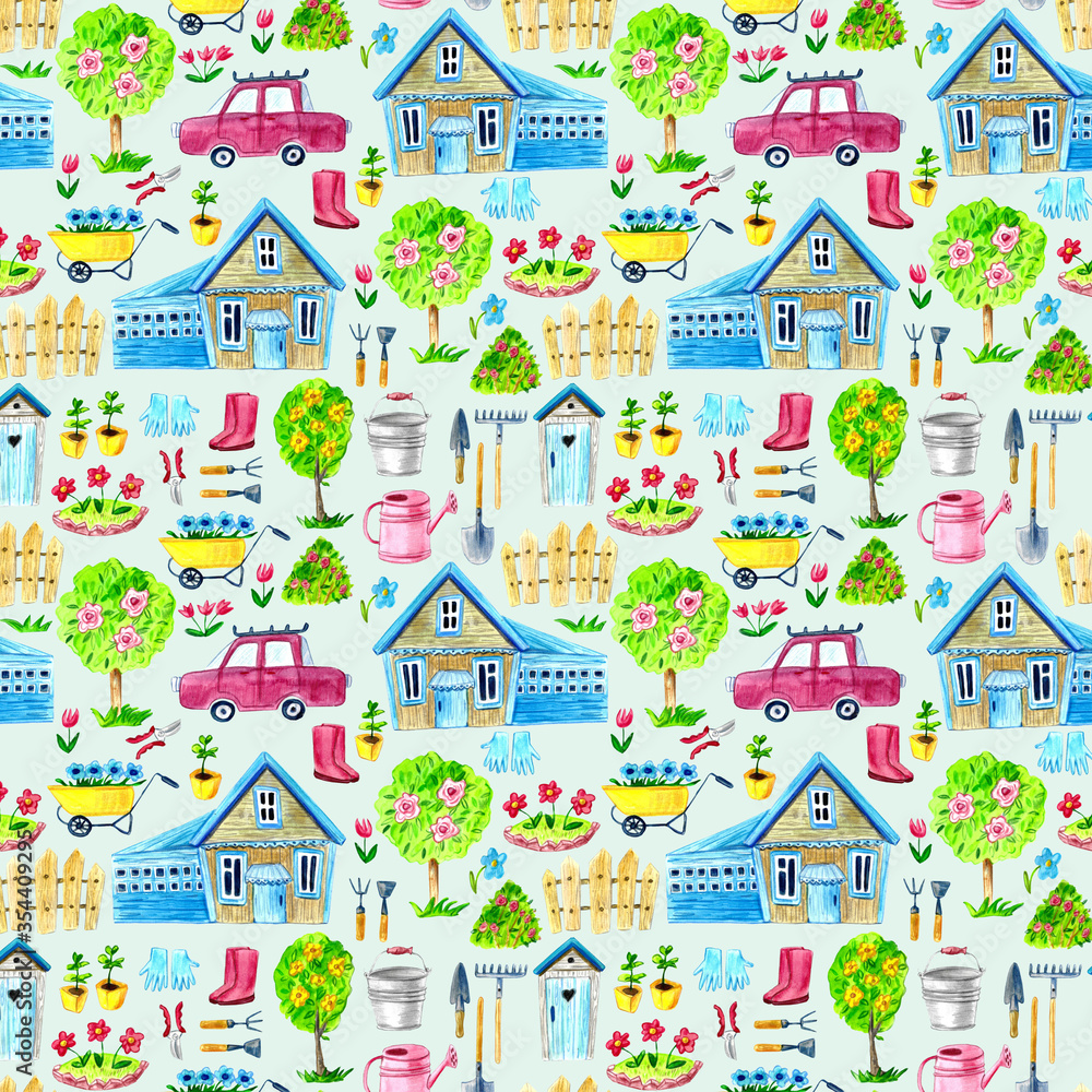 Seamless pattern with a country house, trees, a machine, a bucket, a flower bed, flowers, watercolor pattern, childrens pattern