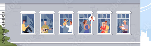 Stay home. Men and women spend time in apartment during pandemic. Families, couples and young people look out of the windows. Vector illustration in a flat style