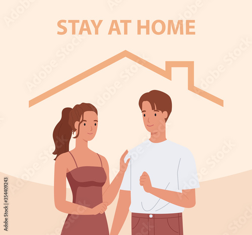 Stay home. Young couple smiling and staying together. Concept for controlling the disease in 2019-nCov. Vector illustration in a flat style