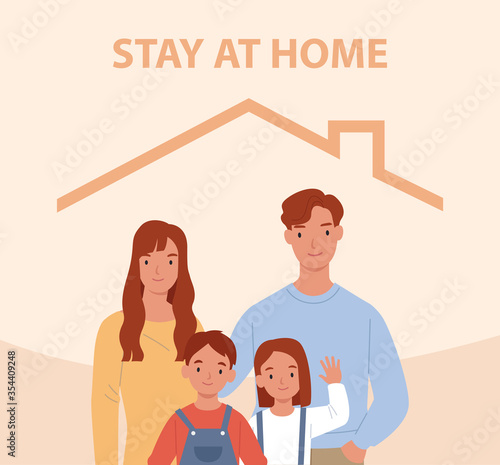 Stay home. Young family with two children stays at home. Happy people inside home icon. Vector illustration in a flat style