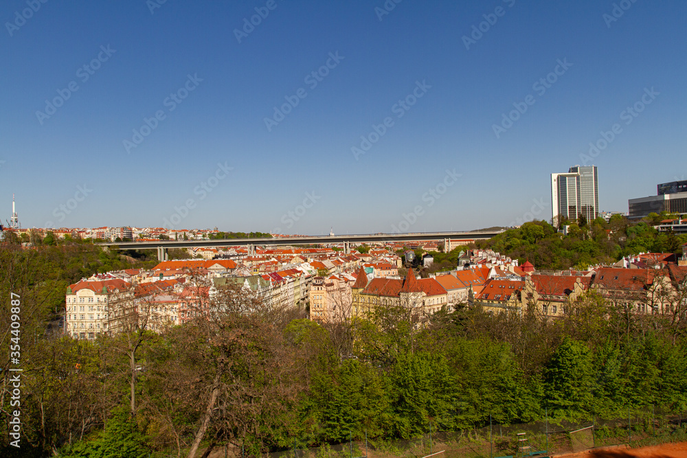 The view of the roofs of buildings in Prague in the Czech Republic in the spring is visible old architecture