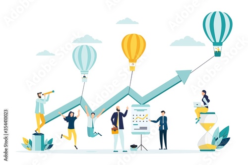 vector illustration a group of people characters are thinking over an idea. prepare a business project start up. rise of the career to success, flat color icons, business analysis