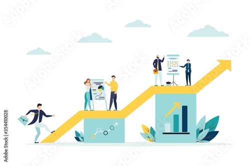 vector illustration a group of people characters are thinking over an idea. prepare a business project start up. rise of the career to success, flat color icons, business analysis