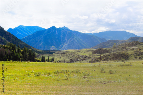 Wonderful mountain landscape with blue sky. Altai Republic, Russia. High green mountains and clean health air