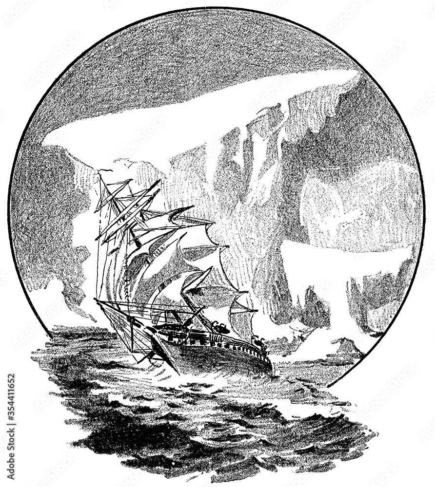 Ship and iceberg. Illustration of the 19th century. White background.