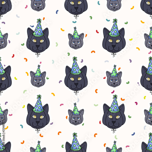 Cute cartoon British shorthair cat and kitten face with party hat seamless vector pattern. Pedigree breed domestic celebration background. Cat lover English purebred all over print. Feline EPS 10. 