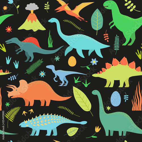 Dinosaurs pattern on black background