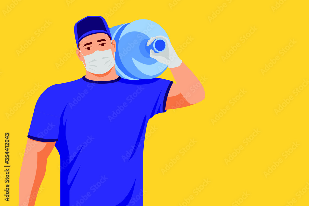 Sterile water Delivery. Young courier carrying water bottle on shoulder. Wearing medical protective face mask and gloves against covid-19. Copy space.