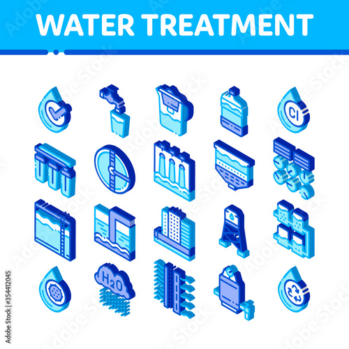Water Treatment Items Vector Icons Set. Isometric Filter And Cleaning System Water Treatment Elements From Microbe Germs Pictograms. Rain Cloud And Pump Station Illustrations