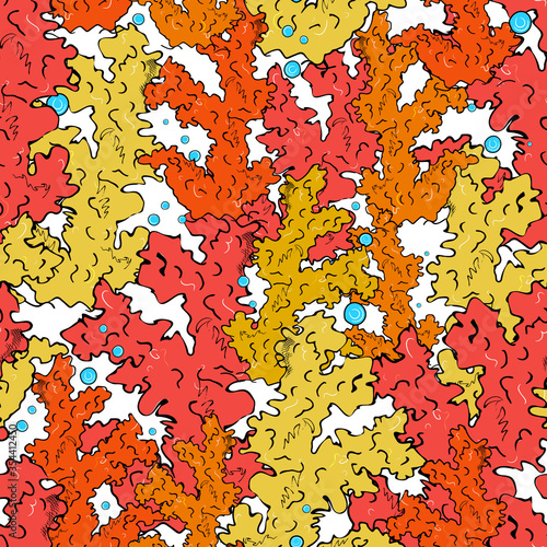 Marine seamless pattern with colored corals. Underwater world, coral reef. Background for fabric, clothes, packaging, aquariums.