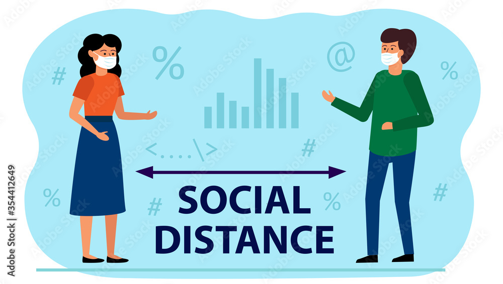 Maintaining social distance in the office between employees. Measures of protection against the coronavirus epidemic, the use of masks. Communication of people in the work space. Vector illustration. Maintaining social distance in the office between employees. Measures of protection against the coronavirus epidemic, the use of masks. Communication of people in the work space. Vector illustration.