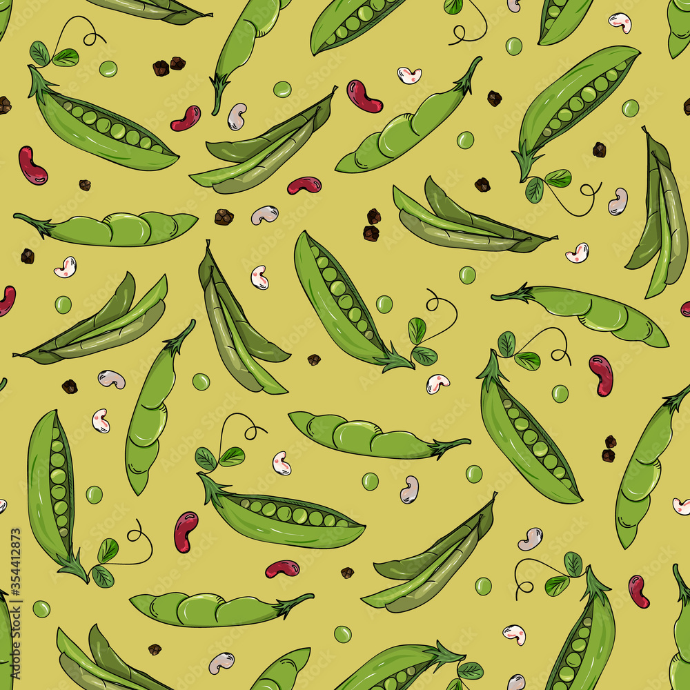 Green peas and bean pods seamless pattern. Summer vegetable background. Healthy food, vegan. Green peas and bean pods seamless pattern. Summer vegetable background. Healthy food, vegan.