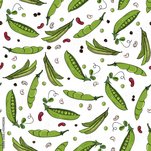 Green peas and bean pods seamless pattern. Summer vegetable background. Healthy food, vegan.