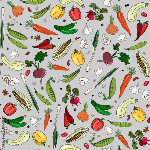Vegetables seamless pattern. Healthy food vector background.Radishes, peppers, zucchini, onions, garlic, corn, beets