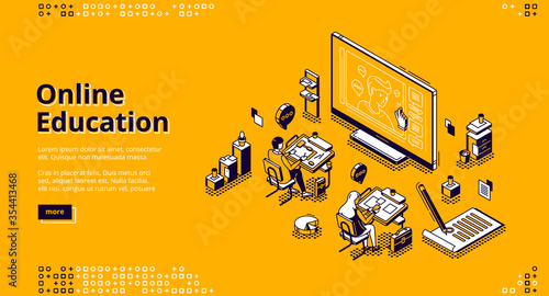 Online education isometric landing page. Students sitting at desks in classroom watching distant lesson at huge screen. Webinar in internet school, university or college, 3d vector line art web banner