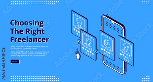 Choosing right freelancer banner. Searching and hiring online employees. Vector landing page of service for review and rating freelancers with isometric illustration of smartphone with hr application