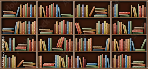 Bookshelf background  books on shelf in library  home  school or office interior. Volumes with color paperback stand in row and lying in pile on rack standing on floor  realistic 3d vector