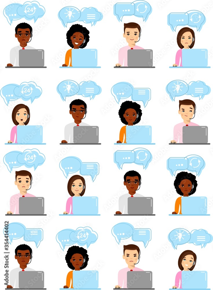 Set of helpline operator with headset consulting client and shopping icons . Set of helpline operator with headset consulting client and shopping icons .