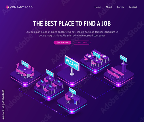 Find job, hiring agency isometric landing page, vacant places in office. Hiring human resources, job applicant, recruiting company online service, vacancy candidate resume page, 3d vector web banner