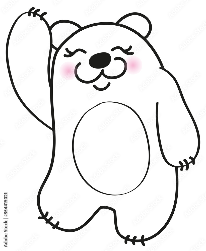Fototapeta premium A contented bear smiles and waves its paw. Hand outline drawing Isolated on a white background. Minimal Scandinavian style. Doodle coloring book for children. Print for t-shirts, cups, poster, banner.
