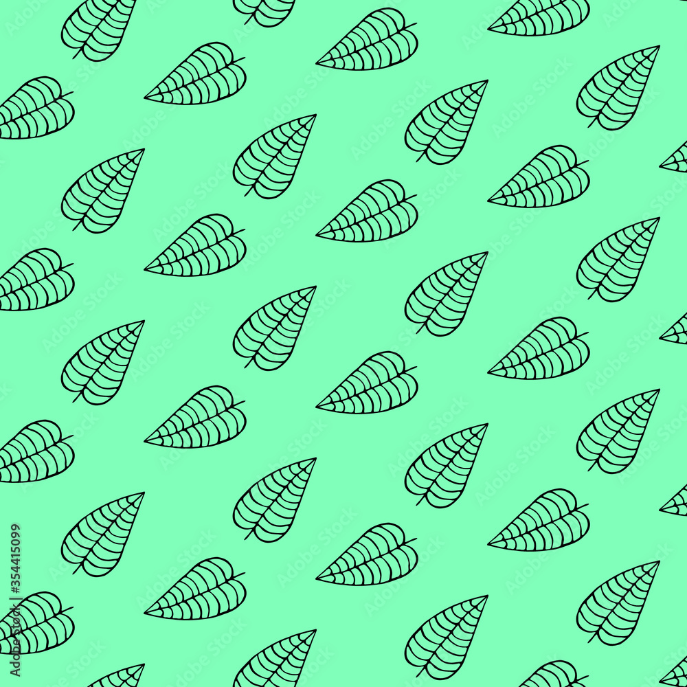 Vector seamless hand drawn pattern of black outline leaves on a green background. Background for the design of napkins, textiles, fabrics, paper, notebooks, packaging, sites Vector seamless hand drawn pattern of black outline leaves on a green background. Background for the design of napkins, textiles, fabrics, paper, notebooks, packaging, sites
