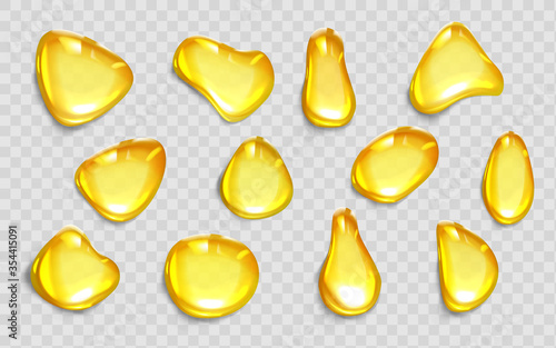 Drops of orange juice or oil, yellow liquid droplets of different shapes, honey blobs, golden colored syrup spots isolated on transparent background, realistic 3d vector illustration, icons set