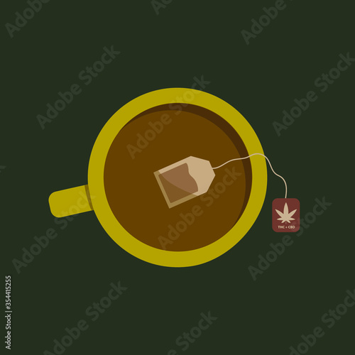 Yellow cup with Marijuana tea bag that contains THC and CBD on green background. Flat lay design. 