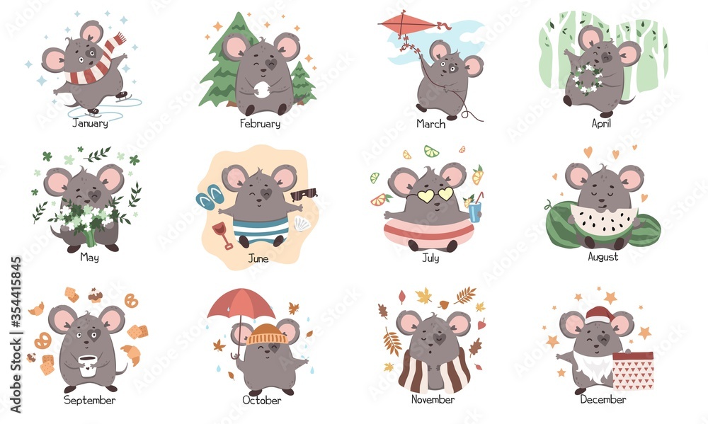 Monthly calendar template with cute mouse character vector illustration. English calendar design with symbol of year. Set of 12 months. Isolated on white background Monthly calendar template with cute mouse character vector illustration. English calendar design with symbol of year. Set of 12 months. Isolated on white background