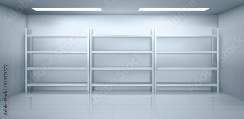 Cold room in warehouse with empty metal racks. Vector cartoon interior of industrial storage freezer with shelves, tiled walls and floor. Refrigerator chamber in factory, store or restaurant
