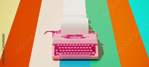 Minimal composition for social media and workplace concept. Pink vintage typewriter machine and paper roll on colorful background. 3d rendering illustration.