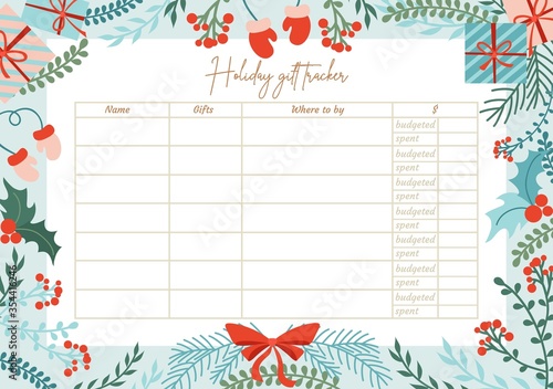 Holiday gift tracker template with lettering vector illustration. Colourful decoration for calendar flat style. Xmas. Winter holiday and christmas present concept