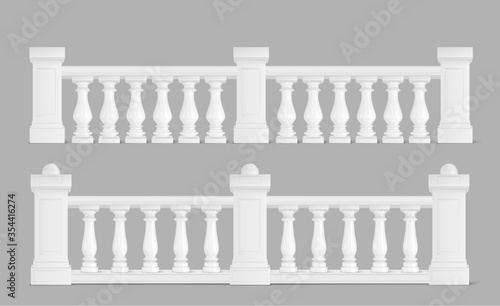 Marble balustrade, white balcony railing or handrails. Banister or fencing sections with decorative pillars. Panels balusters for architecture design isolated elements Realistic 3d vector illustration