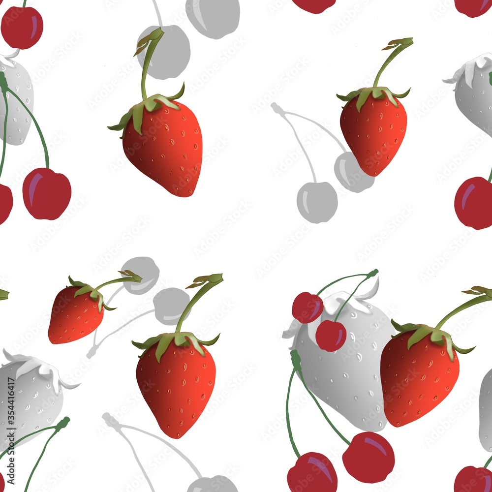 Seamless pattern of strawberries and cherries on a white background. Print for fabric, packaging paper Seamless pattern of strawberries and cherries on a white background. Print for fabric, packaging paper