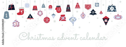 Colourful festive christmas advent calendar vector illustration. Numbers from one to twenty five flat style. Xmas decoration. New year concept. Isolated on white background
