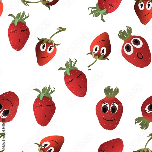 Seamless pattern of strawberries on a white background. Fun strawberries. Strawberry with a face. Printing service for tissue wrapping paper. Children's illustration