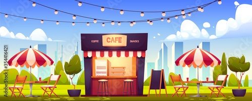 Outdoor cafe, summer booth in park, coffeehouse stall with street food drinks and snacks, cafeteria with table, chairs, umbrella, plants, lighting garland and menu board, Cartoon vector illustration