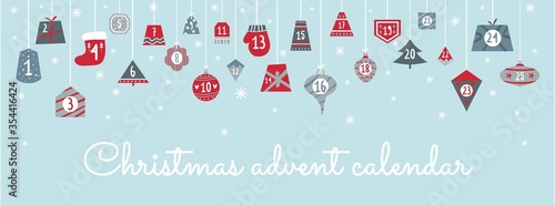 Christmas festive advent calendar with numbers vector illustration. Handwritten lettering flat style. Winter decoration and holiday concept. Isolated on blue background