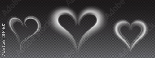 White smoke in heart shape. Love symbol from steam of hot coffee, tea or food. Vector realistic mockup of flow mist swirls. Design elements for Valentines day card isolated on transparent background