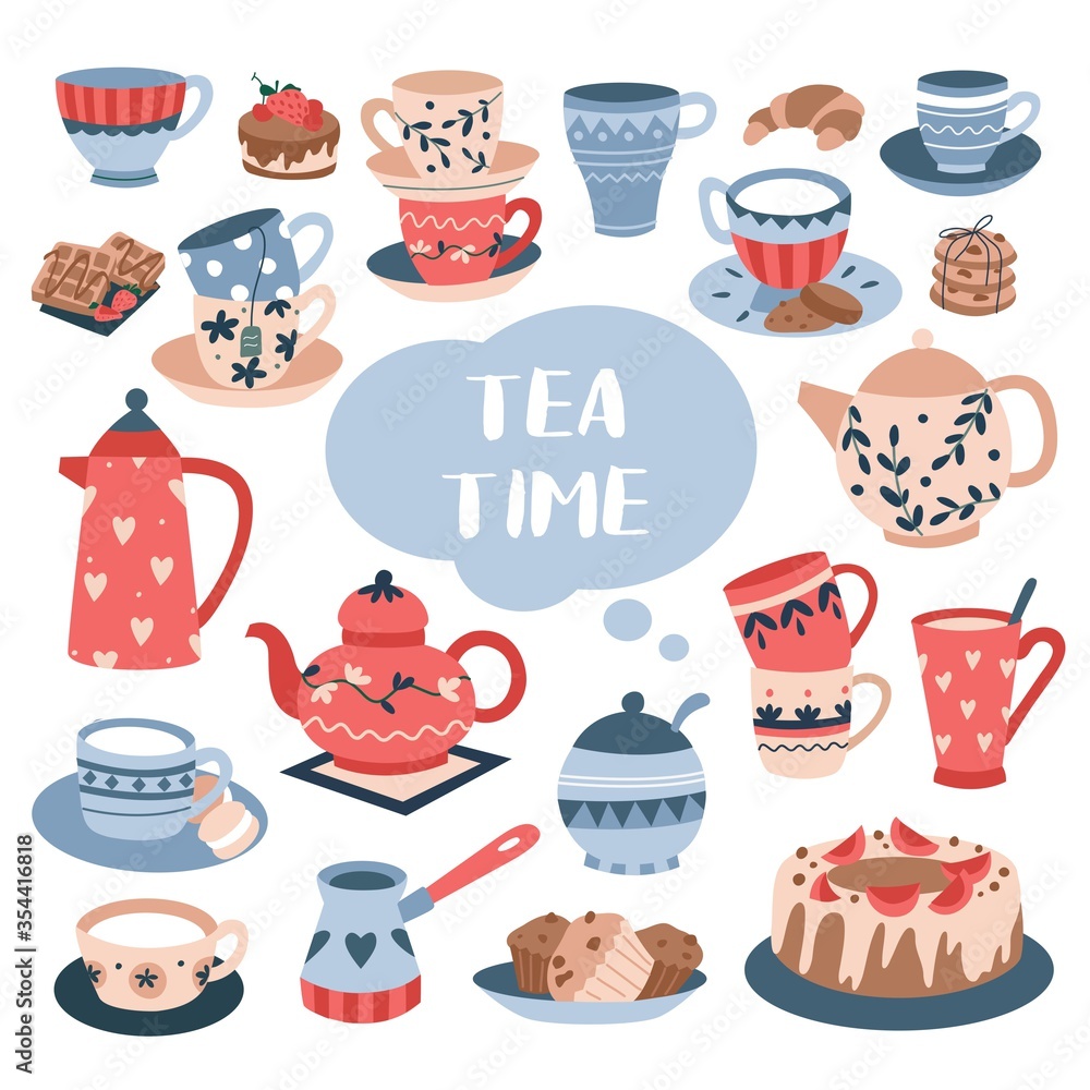 Tea time ceremony with luxury ceramic tableware vector illustration. Elegant dinner service flat style. Blue lettering. Tasty homemade baked goods. Isolated on white background Tea time ceremony with luxury ceramic tableware vector illustration. Elegant dinner service flat style. Blue lettering. Tasty homemade baked goods. Isolated on white background