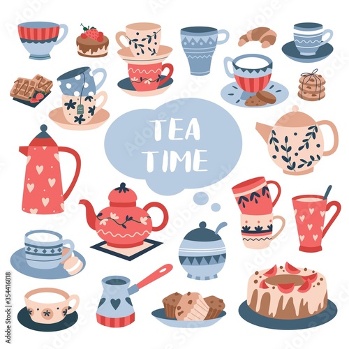 Tea time ceremony with luxury ceramic tableware vector illustration. Elegant dinner service flat style. Blue lettering. Tasty homemade baked goods. Isolated on white background