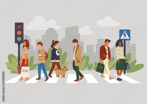 Walking people on crosswalk crossing with dog vector illustration. Traffic lights flat style. City street with pedestrian. Crowd in urban environment. Isolated on grey background