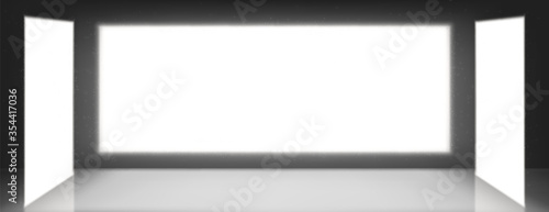 Lightbox screen, tv or cinema blank television monitors on dark wall background. White glowing LCD displays, advertising billboard for video displaying, empty plasma panels realistic 3d vector mock up