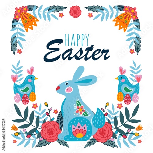 Fototapeta Naklejka Na Ścianę i Meble -  Happy easter greeting card with blue bunny vector illustration. Festive lettering flat style. Spring seasonal holiday concept. Floral decoration. Isolated on white background
