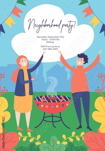 Neighborhood party invitation template with address vector illustration. Happy man and woman waving hands near bbq flat style. Weekend party and leisure concept