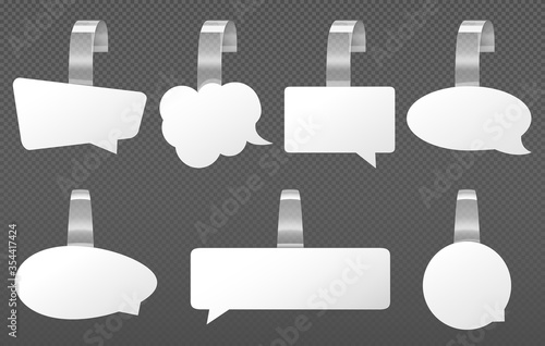 White wobblers speech bubbles mockup. Different shapes price tags. Vector realistic set of blank paper wobblers with clear plastic strip for supermarket shelf isolated on transparent background photo