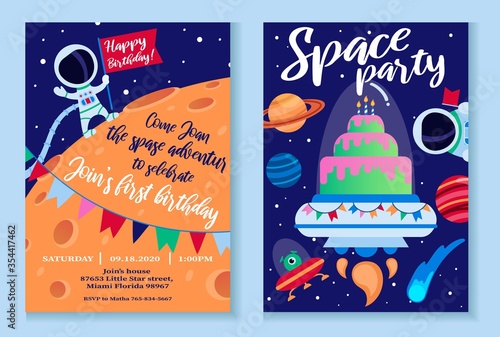 Space party invitation template with bright decor vector illustration. Orange planet with cosmonaut flat style. Happy birthday concept. Isolated on pink background